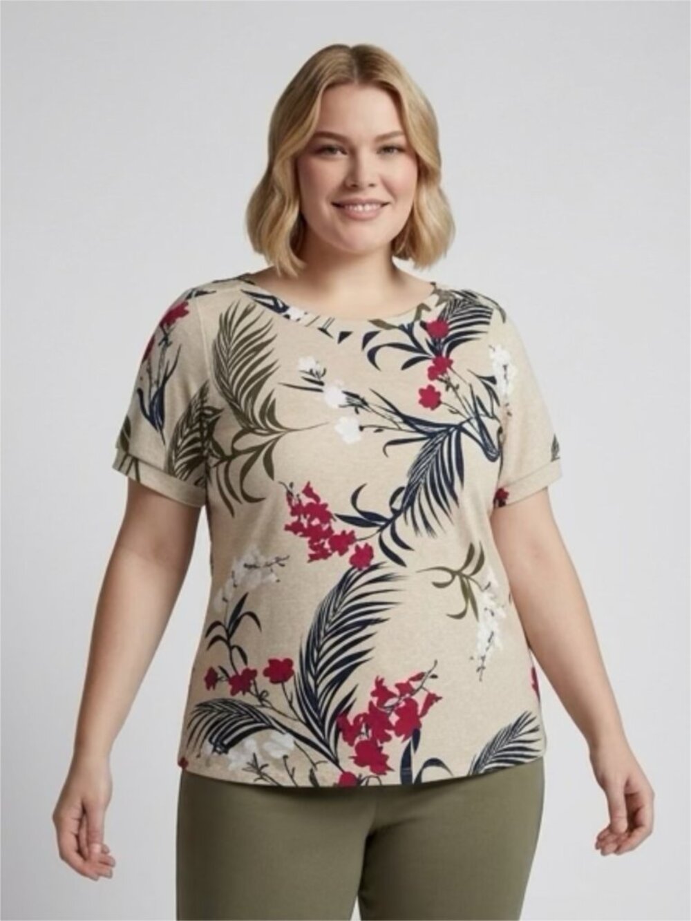 Liz Claiborne Beige Short-Sleeve Cotton Top with Floral Print - Size L